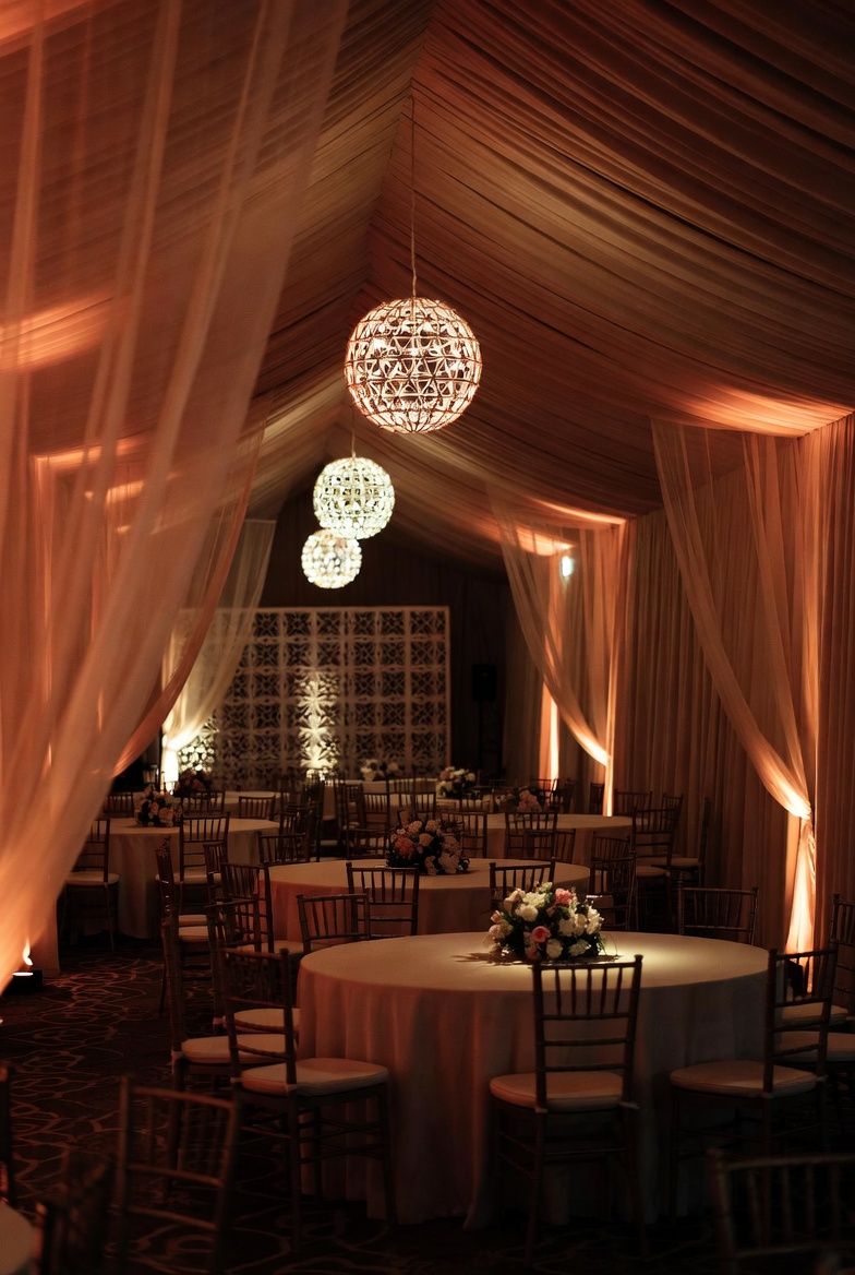 Event space with geometric panels and neutral tones