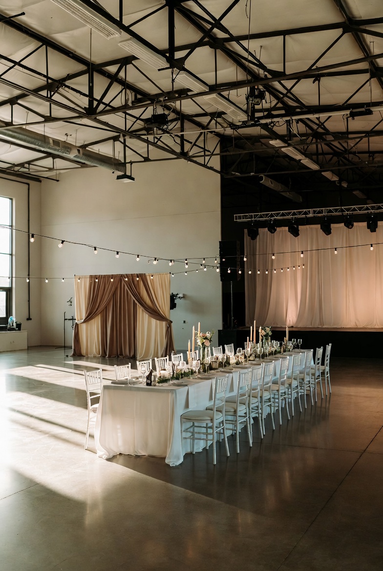 Brutalist-style backdrop and pendant lights